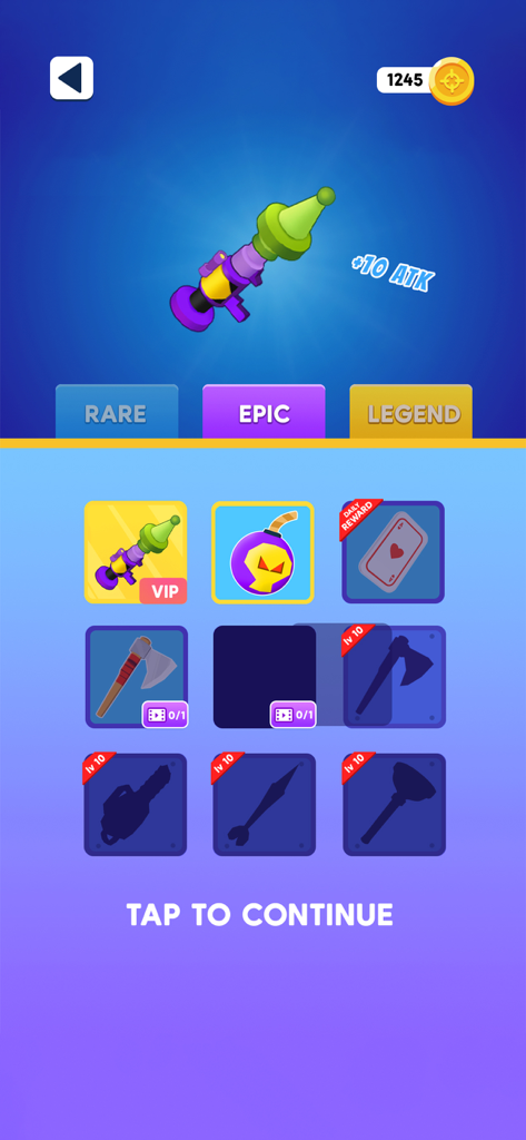 Throwmaster Target Hit weapon selection menu showing an epic rocket launcher and various projectile items