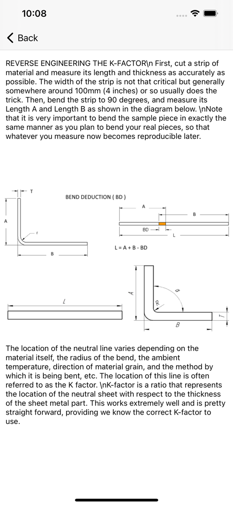 Bending Sheet Metal - Technical diagram and instructions for reverse engineering the K-factor and calculating bend deduction for sheet metal.