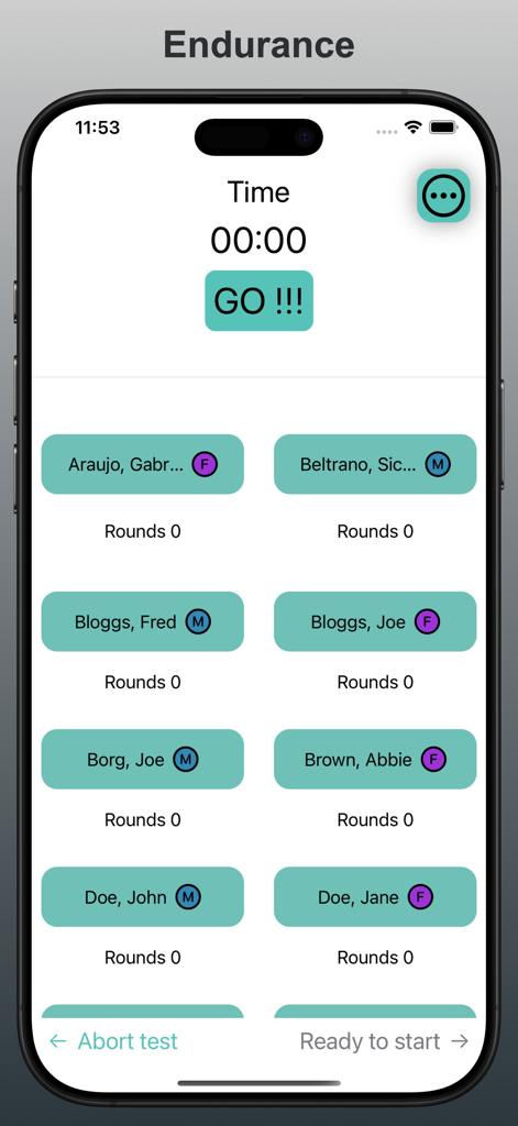 Captura de pantalla de la aplicación Sports Rating Tracker que muestra un temporizador digital y una lista de estudiantes para una prueba de resistencia.