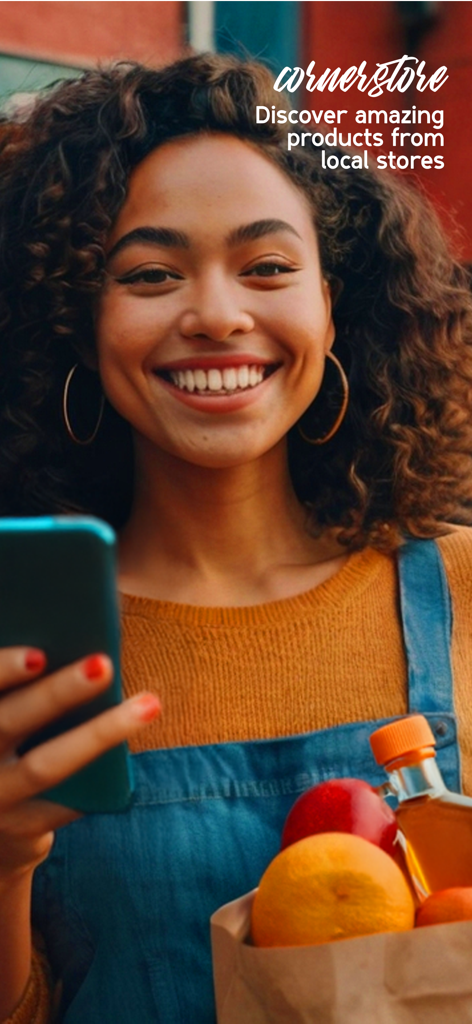 CornerStore - Smiling woman holding groceries and using the CornerStore app to discover local stores