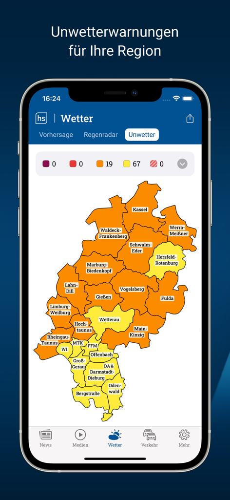 Une carte météo de l'état de Hesse dans l'application hessenschau affichant des alertes et avertissements météorologiques régionaux.