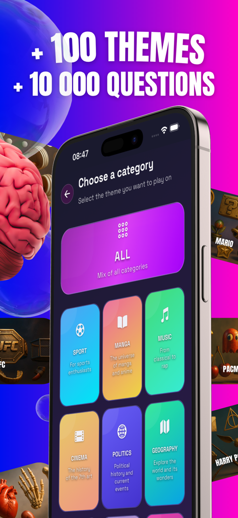 A smartphone showing the category selection screen of the Quizzer trivia app