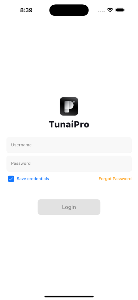 TunaiPro - サロン・スパオーナー向けのTunaiProビジネス管理アプリケーションのログイン画面。