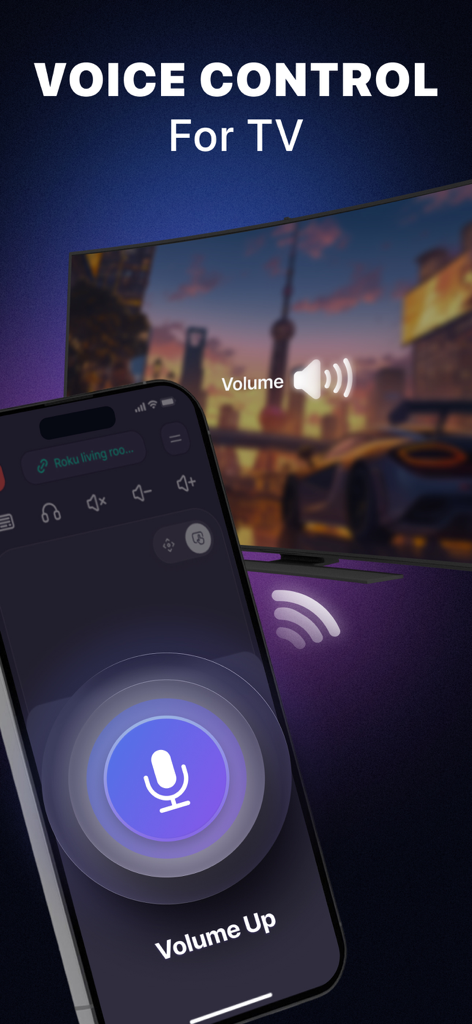 TV Remote Control Universal + - Smartphone screen showing a voice control feature for a universal TV remote app with a large microphone icon and volume up text
