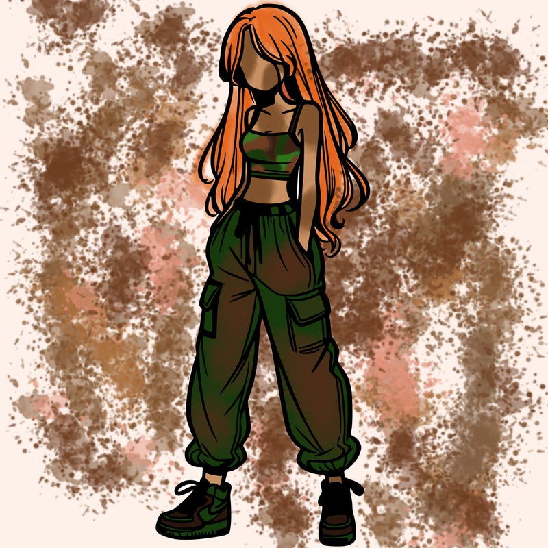 girl in baggy pants crop top and long hair