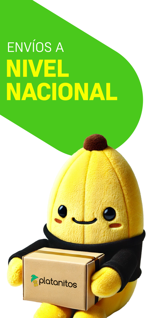 Platanitos - Cute Platanitos mascot holding a delivery package promoting nationwide shipping