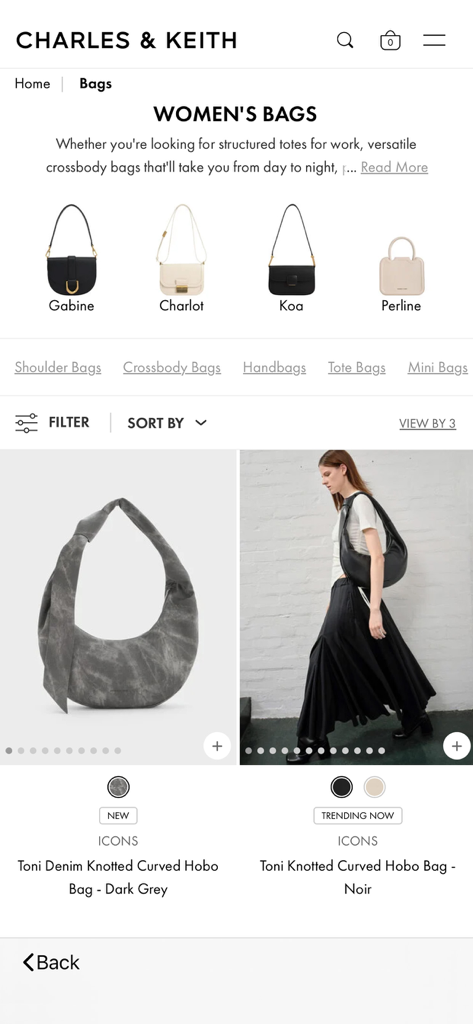 CHARLES & KEITH - Interfaz de la aplicación móvil Charles and Keith mostrando una colección de bolsos hobo para mujer y filtros de compra