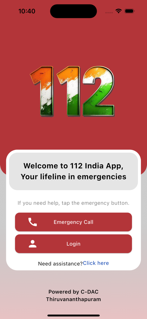 112 India - Welcome screen of the 112 India emergency SOS mobile app