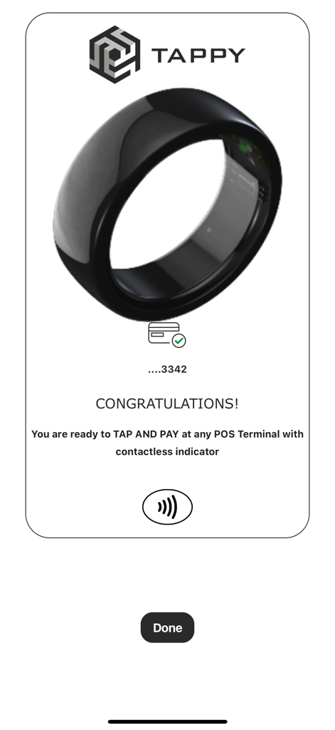 Tappy Pay - Tappy Pay app confirmation screen showing a black smart ring ready for contactless payments