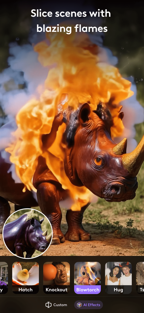 A rhinoceros image being transformed with a blazing blowtorch AI video effect in the LTX Buzz app