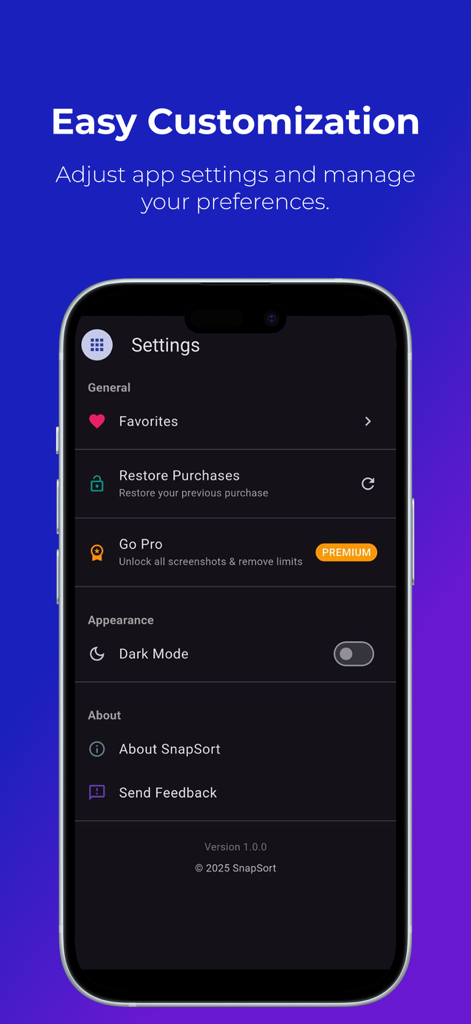 Settings menu of SnapSort app featuring dark mode and premium options.