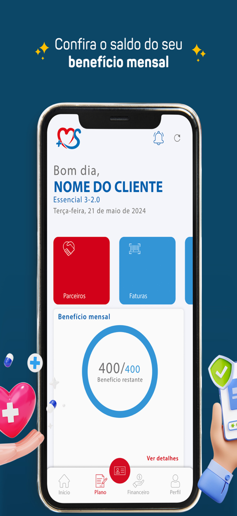 Vicente Lemos - Vicente Lemos app interface showing the monthly benefit balance tracker and user dashboard