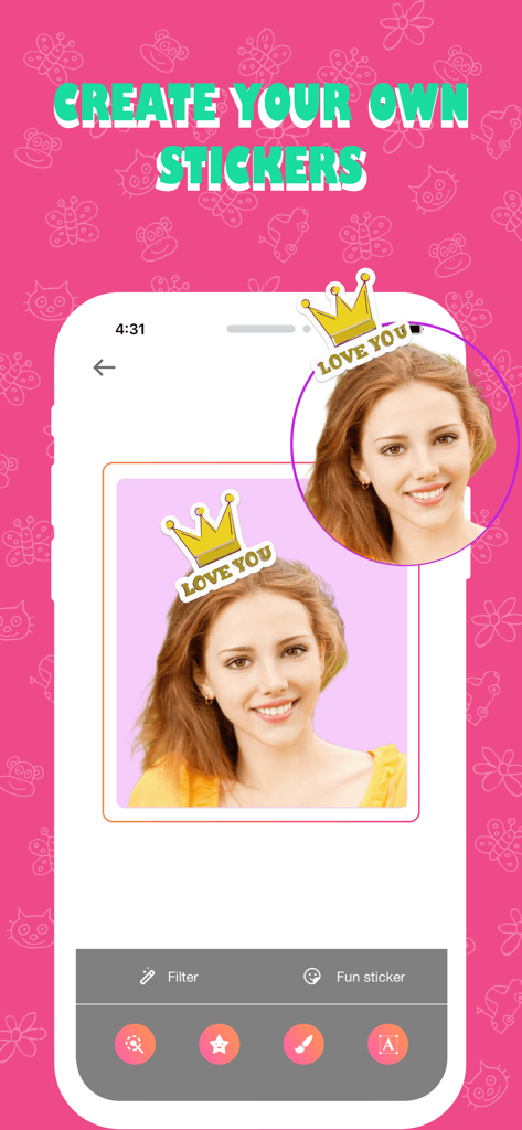 Magic Stickers & Emoji - Mobile app interface showing a photo being turned into a sticker with a crown and Love You text.