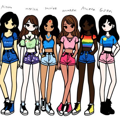 a group of girls wearing crop tops and shorts