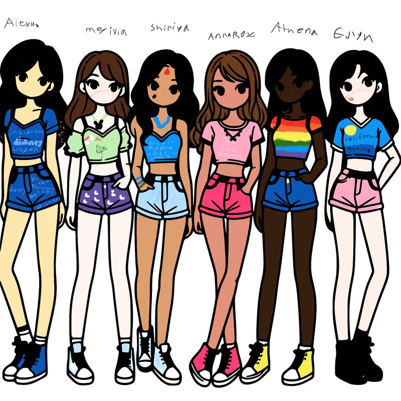 a group of girls wearing crop tops and shorts