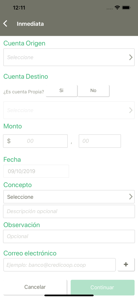 Interfaz de transferencia bancaria inmediata en la aplicación Credicoop Móvil Empresas que muestra los campos de cuenta e importe