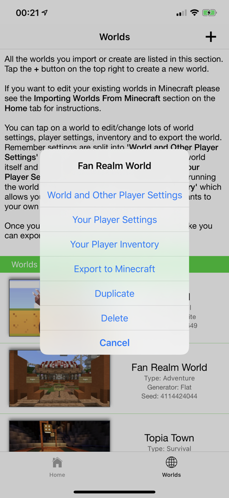 Plug Toolbox for Minecraft - Plug Toolbox for Minecraft app showing world and player setting options