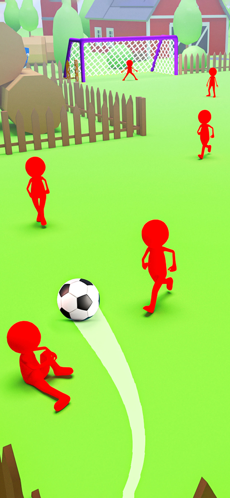 Un personaje de stickman rojo pateando una pelota de fútbol hacia una portería en un campo verde en Wonder Goal.