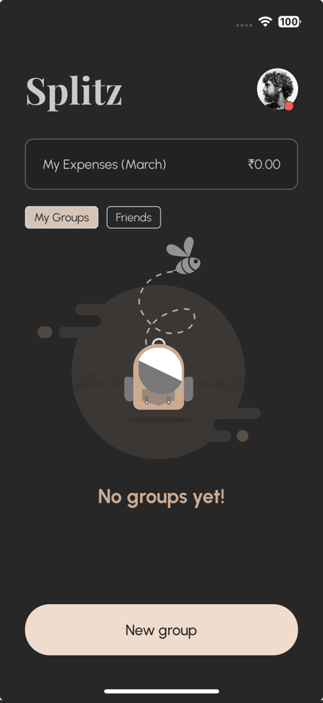 Splitz: Track & Split Expenses - Pantalla de inicio de la app Splitz que muestra la pestaña Mis Grupos con una indicación para crear un nuevo grupo.