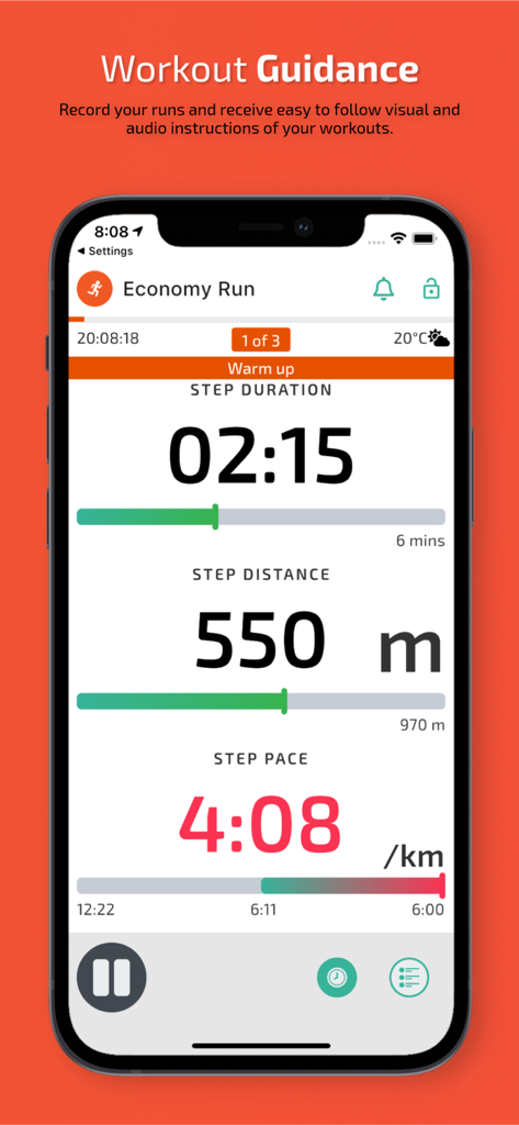 TrainAsONE- AI Running Plans - TrainAsONE app interface showing real-time workout guidance for an economy run with duration, distance, and pace metrics.
