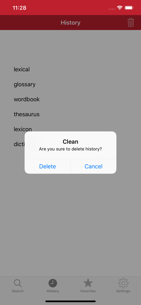 Tureng Dictionary app search history screen with a confirmation popup to delete history