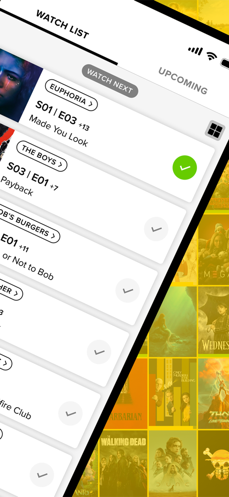 TV Time: Track Shows & Movies - A mobile app interface displaying a TV show watch list with episode tracking for series like Euphoria and The Boys
