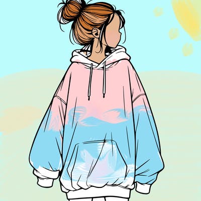 realistic girl with a oversized sweatshirt on and a bun