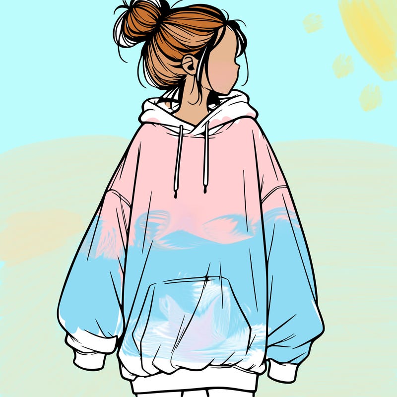 realistic girl with a oversized sweatshirt on and a bun