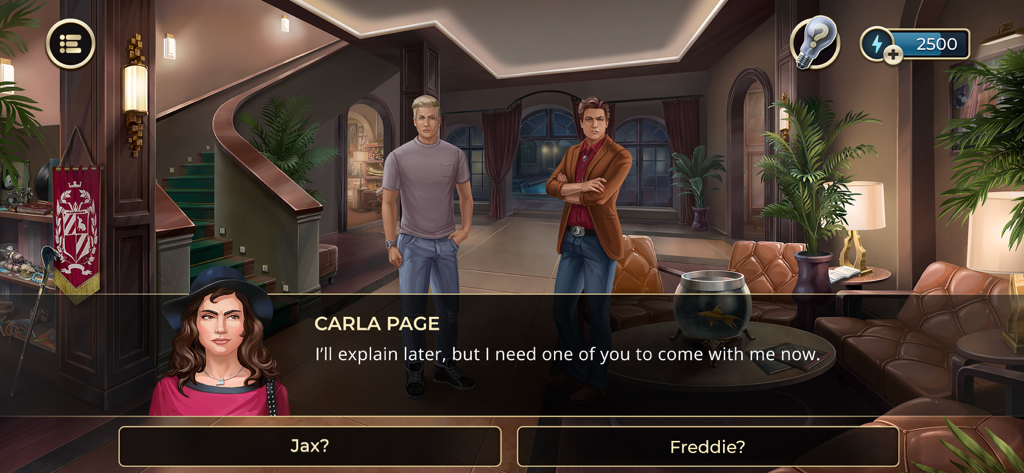 Protagonist Carla Page asking the player to choose between two characters in a mansion.