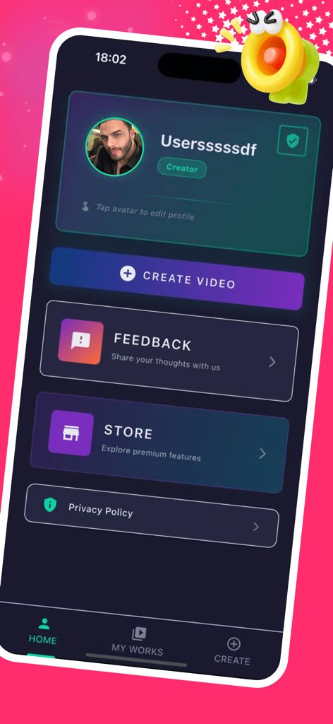 Pantalla de inicio de la aplicación de animación AI Cocil con un perfil de usuario y un menú de creación de video.
