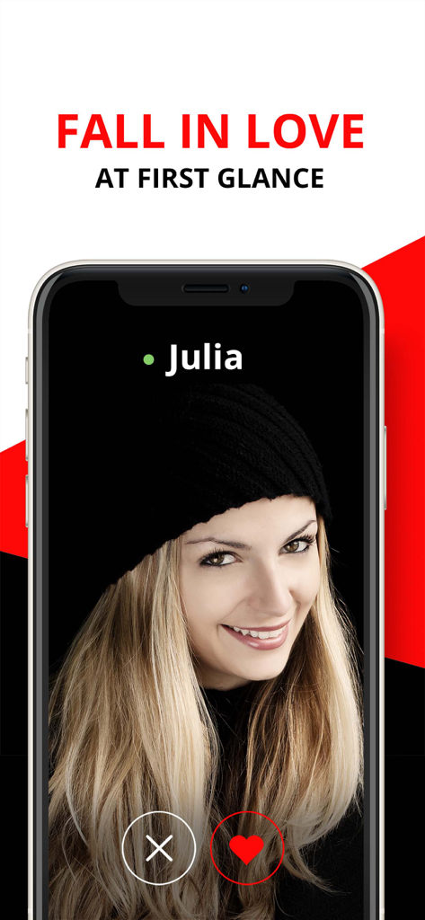 twoLove - Dating App - twoLove dating app screen showing a woman profile with heart and cross buttons