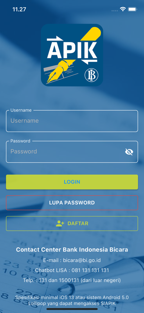 Login screen for the SIAPIK BI mobile accounting app showing input fields for username and password with a login button