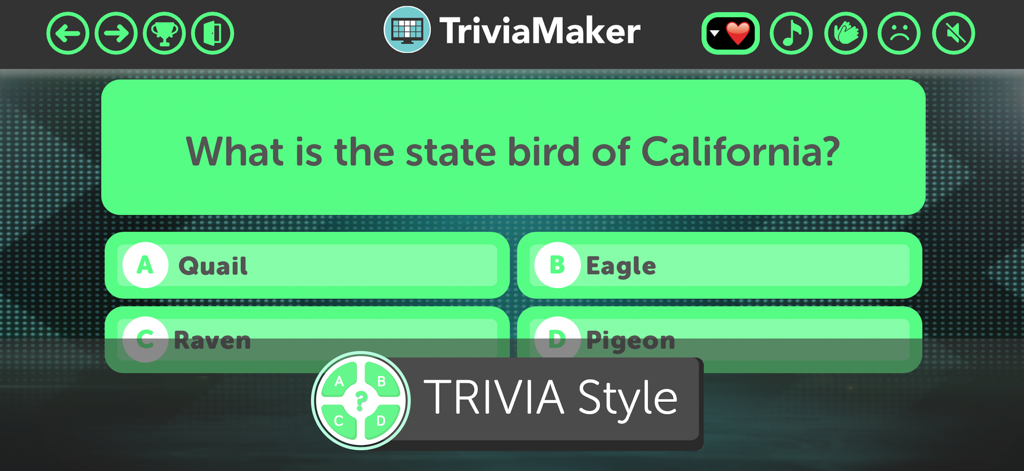 Trivia Maker - Quiz Creator - Captura de pantalla de una pregunta de opción múltiple de estilo trivia sobre el ave estatal de California en la aplicación TriviaMaker