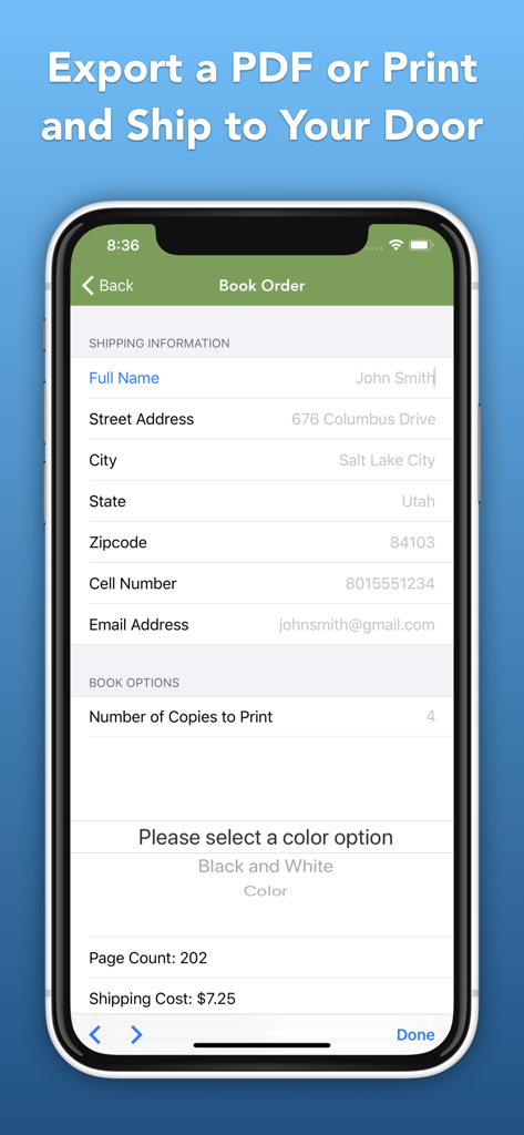 A book order screen showing shipping information fields and print options for a family history book.