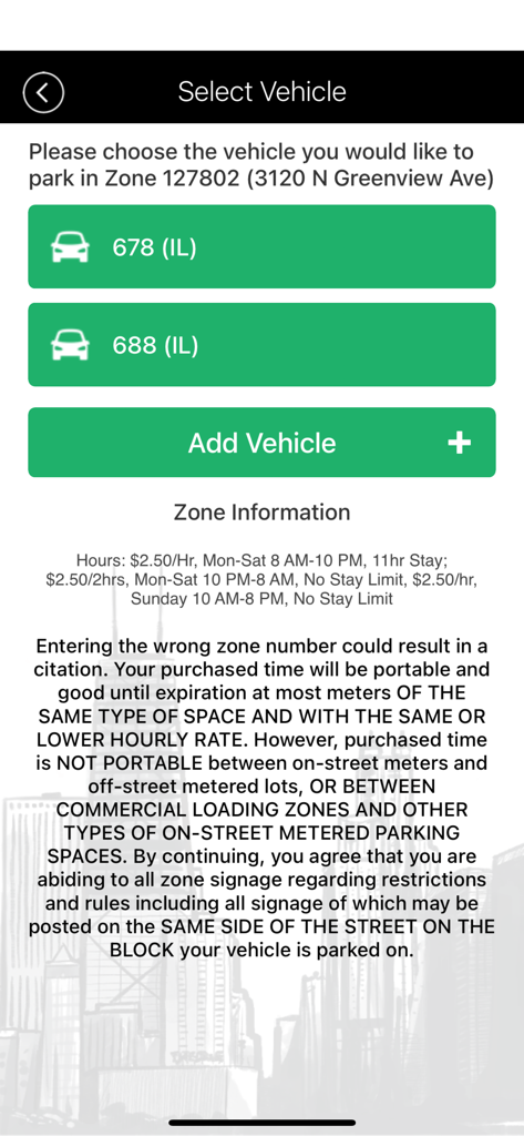 ParkChicago® - 車両を選択し、ゾーンの駐車料金とルールを表示するためのParkChicagoアプリインターフェイス。