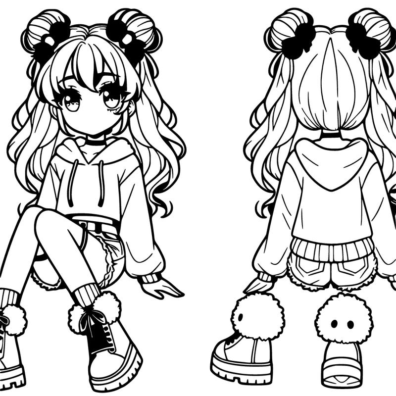 anime girl with space buns and fluffy boots