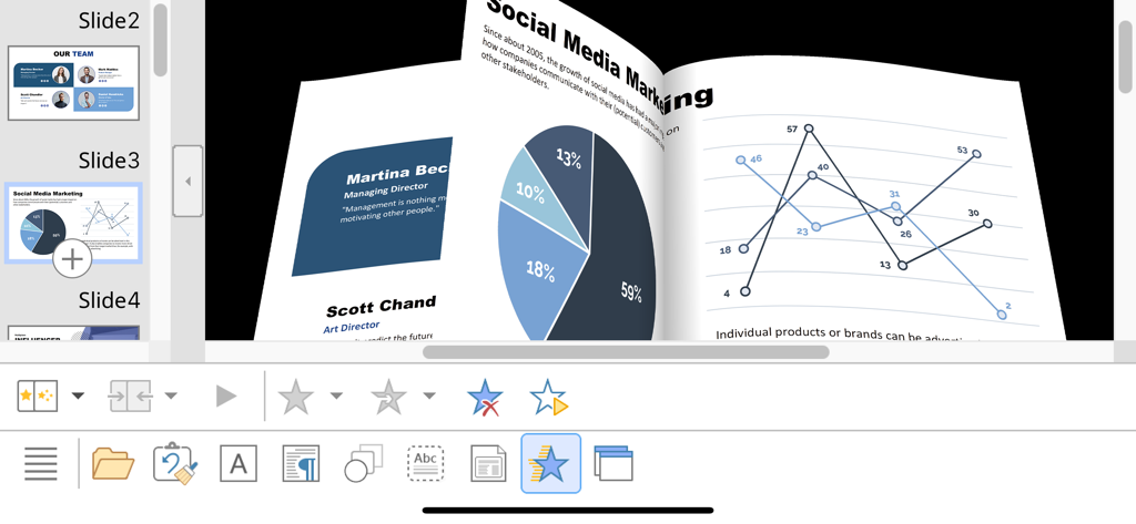 SoftMaker Presentations - 3D slide transition animation in SoftMaker Presentations on iPhone showing marketing charts and data graphs