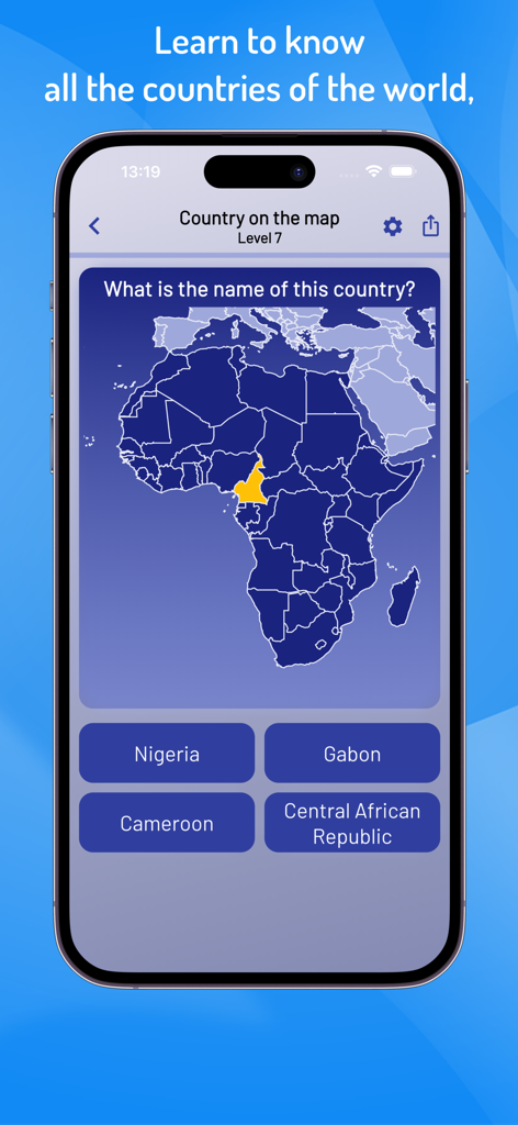 Quiz World Countries & Cities - A geography quiz screen from the Quiz World app showing a map of Africa with a highlighted country and four multiple choice answer buttons.