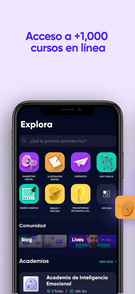 Pantalla de exploración de la aplicación Crehana Learn que muestra categorías de cursos de desarrollo profesional como marketing digital y liderazgo.