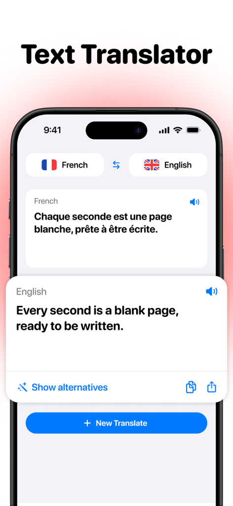 Interfaz de la aplicación Talk AI que muestra una traducción de texto del francés al inglés en la pantalla de un smartphone.