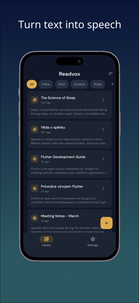 Text to Speech Reader - Rea... - ReadVox mobile app library interface showing a list of imported documents and folders for text to speech playback.