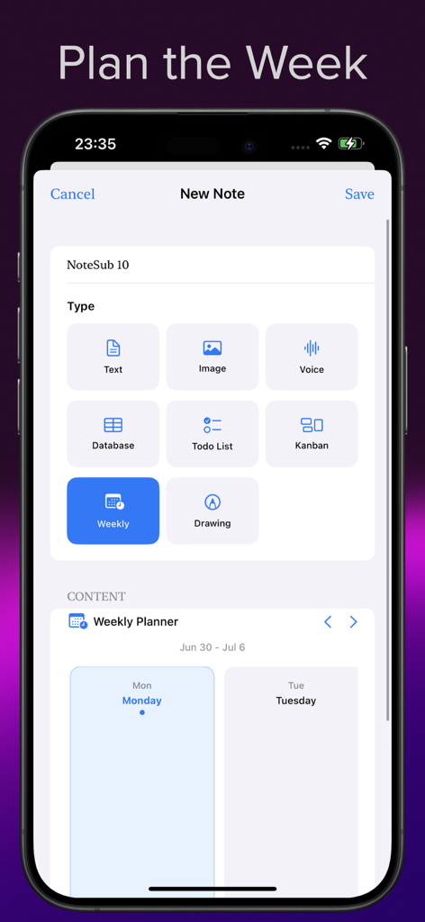 NoteSub - Interfaz de la aplicación NoteSub que muestra la selección de tipos de notas con la opción 'Planificador Semanal' resaltada y una vista previa del calendario debajo.