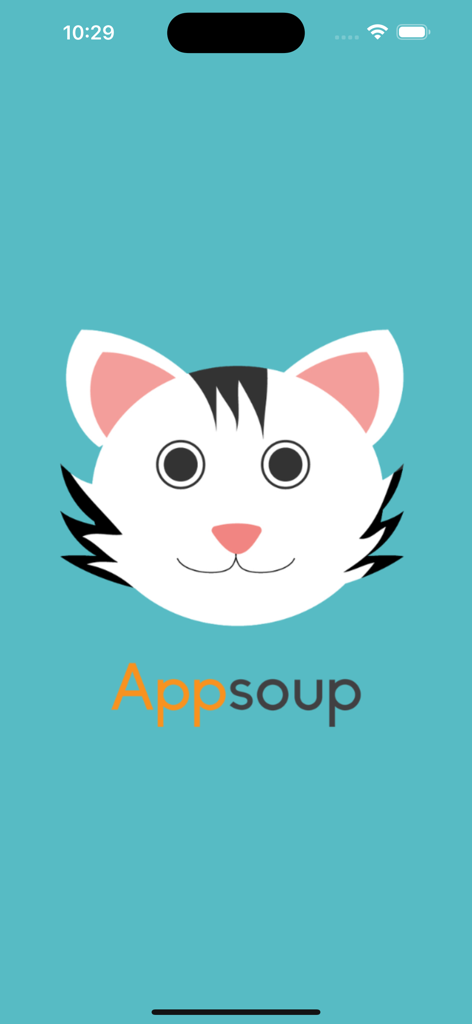 Cat Sounds & Meow - Splash screen of the Cat Sounds and Meow app featuring a white cartoon cat head and the Appsoup logo on a teal background