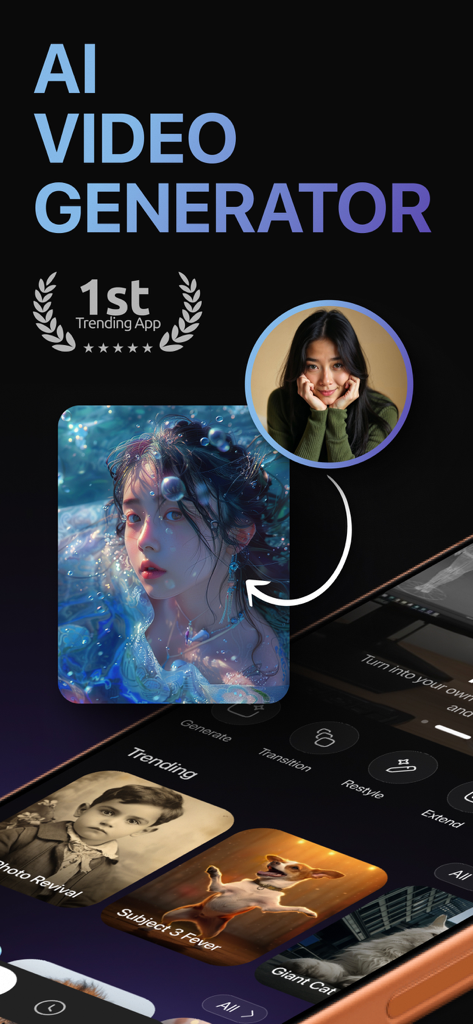 Synthesia.AI Video Generator - Synthesia AI Video Generatorアプリの画面。ポートレート写真が、クリエイティブな編集ツールを備えたシネマティックAI動画に変換されている様子を表示。