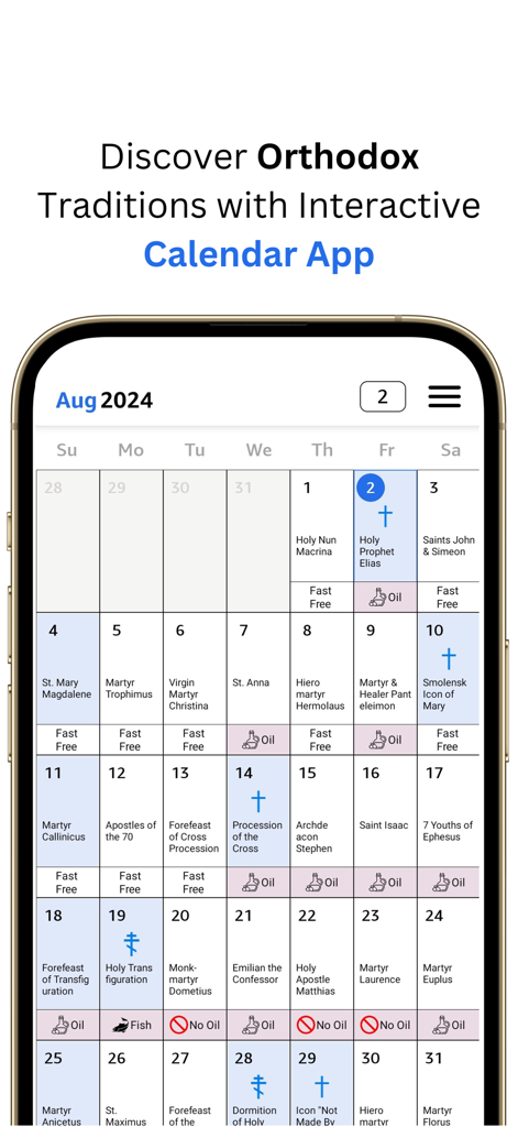 Pantalla de un smartphone mostrando la aplicación Mi Calendario Ortodoxo con detalles diarios de santos y pautas de ayuno para agosto de 2024