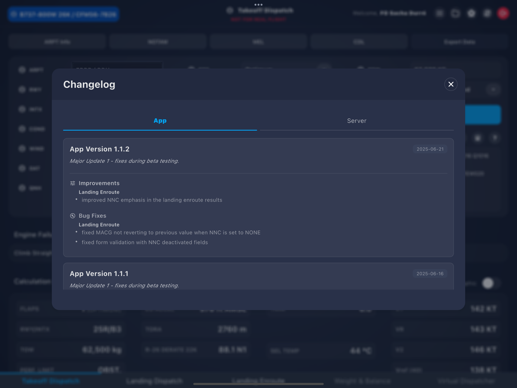 Changelog window in the Virtual Performance Tool showing app version updates and bug fixes.