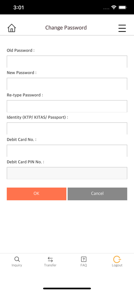 OK BANK Mobile - OK BANK Mobile change password screen with fields for old and new password identity document and debit card details