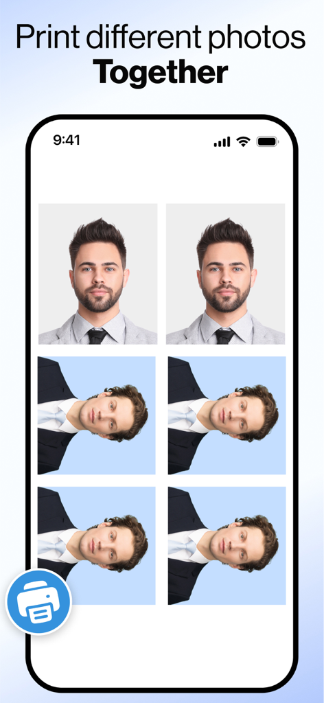 A smartphone screen showing different passport photos arranged on a single sheet for batch printing