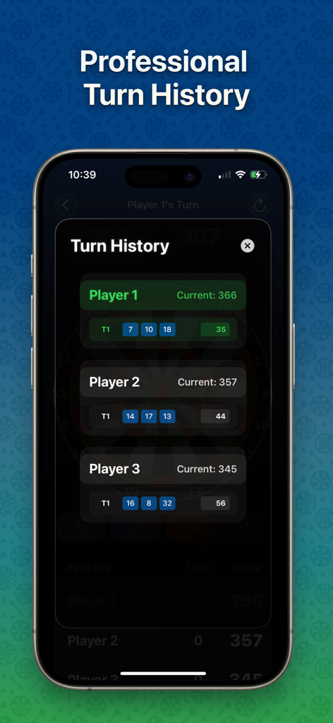 Darts Scorekeeper - Scoreboard - A mobile interface for a darts scorekeeper app showing a detailed turn history for multiple players with individual throw scores.