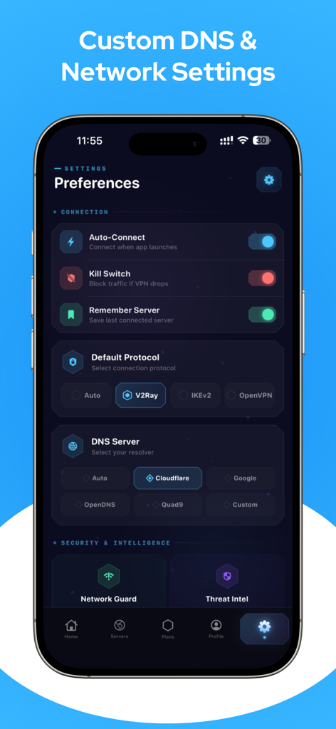 Gamer VPN settings screen showing custom DNS and network protocol options.
